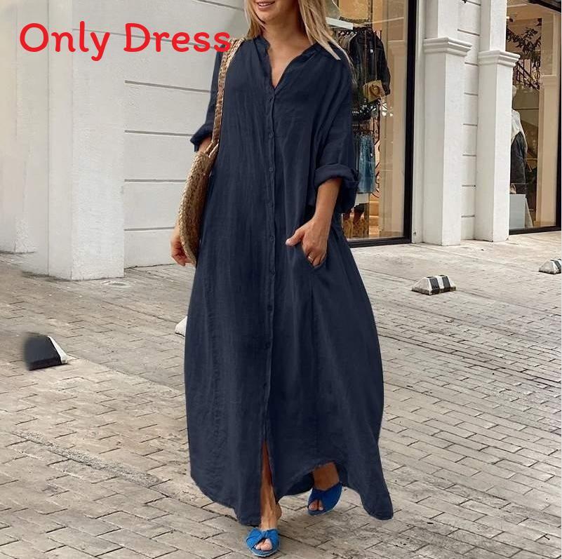 Baumwoll-Leinen-Langes Kleid Mit Stehkragen Für Lässigen Sommer Damen
