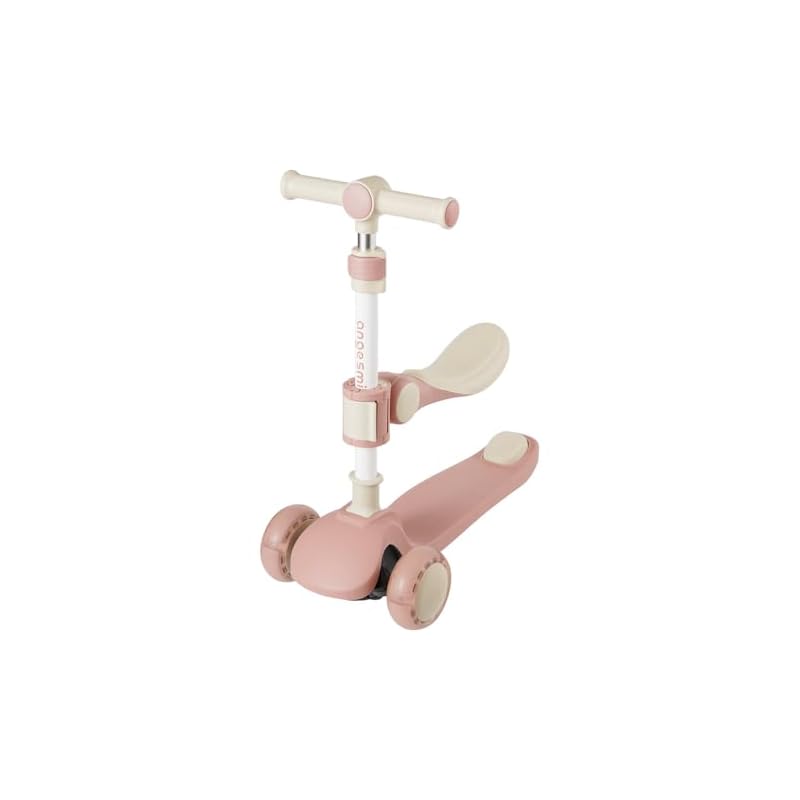 Ange Smile Kick Scooter, Ages 3-10, Pink, Height Adjustable, 3-Wheel, Foldable, with Brake, Foot Tricycle, with Seat, Light-Up Tires, 2-Way Access
