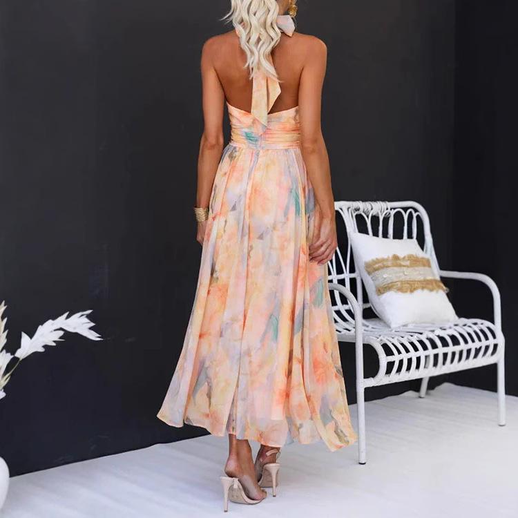 Womens Halter Floral Print High Waist Maxi Dress Summer Beach Vacation