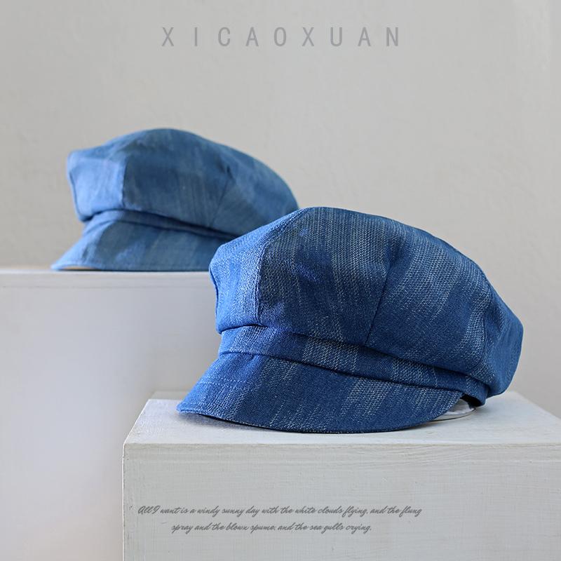 Retro Denim Octagonal Hat Women's Autumn Versatile Painter Hat Washed Beret Retro Casual Newsboy Hat Tide