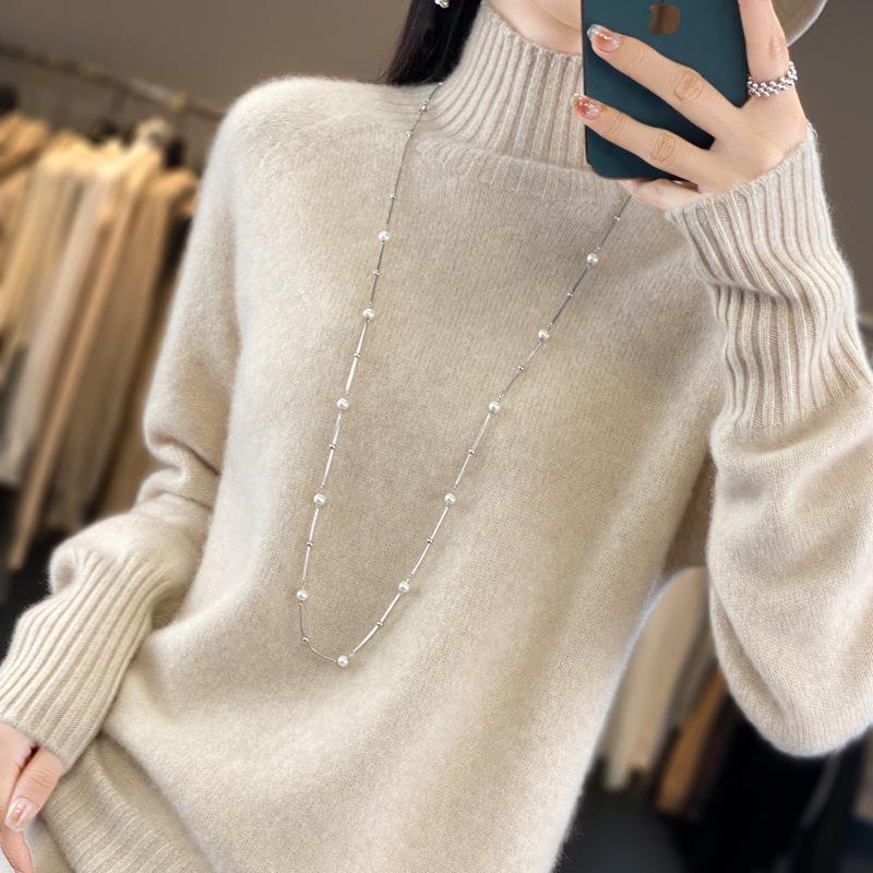 Women's 100% Wool Pullover Sweater, Half-High Neck, Thick Base Layer, New Autumn/Winter Style