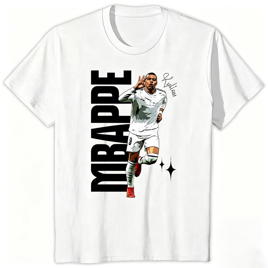 Kylian Mbappe Print T-Shirt for Men , Real Madrid Soccer Star Graphic Oversized Tee, Football Fan Streetwear Short Sleeve Tops