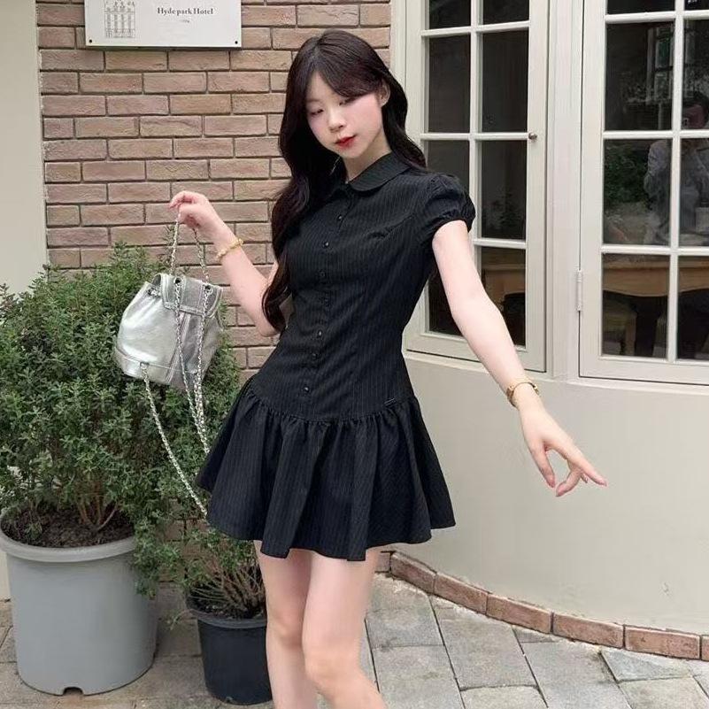 Sweet and Spicy Style Black Striped Button Bubble Sleeve POLO Neck Dress Women's Summer Temperament Waist A-shaped Skirt Short Skirt