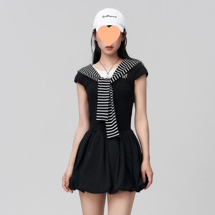 

Plus Size Korean Academy Fake Two-Piece Shawl Dress: Women s Summer Waist-Cinched A-Line Short Skirt M