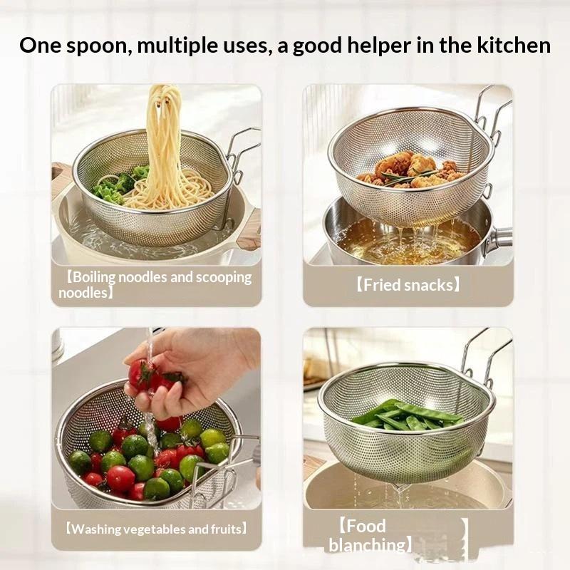 Stainless Steel Fine Mesh Colander With Heat Resistant Wooden Handle For Rinsing Vegetables Straining Pasta Kitchen Use