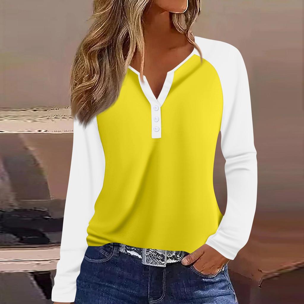 Women's T Shirt Color Block Button Long Sleeve Daily Weekend Fashion Basic V- Neck Regular Top