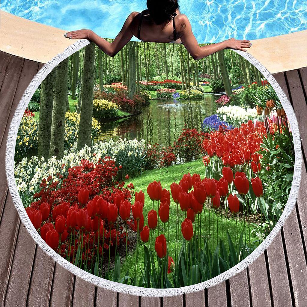 Beautiful Garden Floral Round Beach Towel, Microfiber Circle Beach Towels Quick Dry Beach Throw Blanket Sand Free Pool Towels