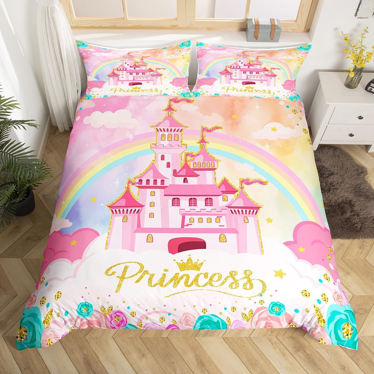 

Пододеяльник с изображением радужного замка King Queen Kids Girls Cartoon Girly Комплект постельного белья Princess Castle, пододеяльник для спальни, покрывало EU Single(135*200cm)3pcs