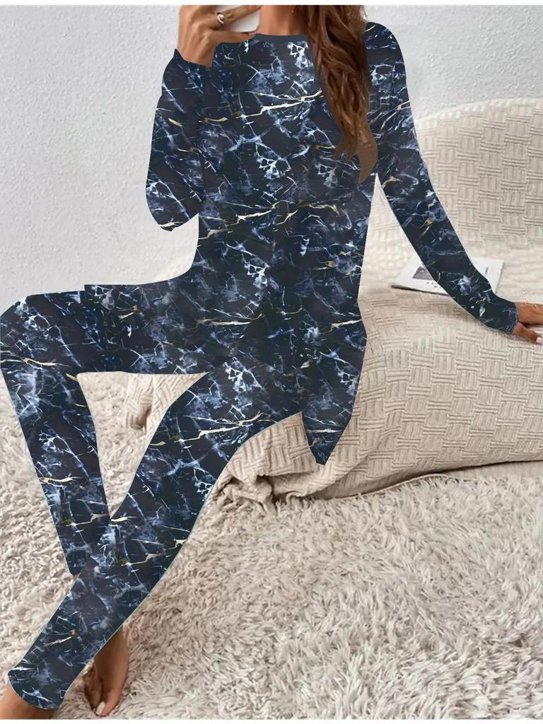Euro-American Fashion 3D Marbling Printed Women's  Four-season Long-sleeved T-shirt + Long Pants Two-piece Set. Perfect Gift for New Year