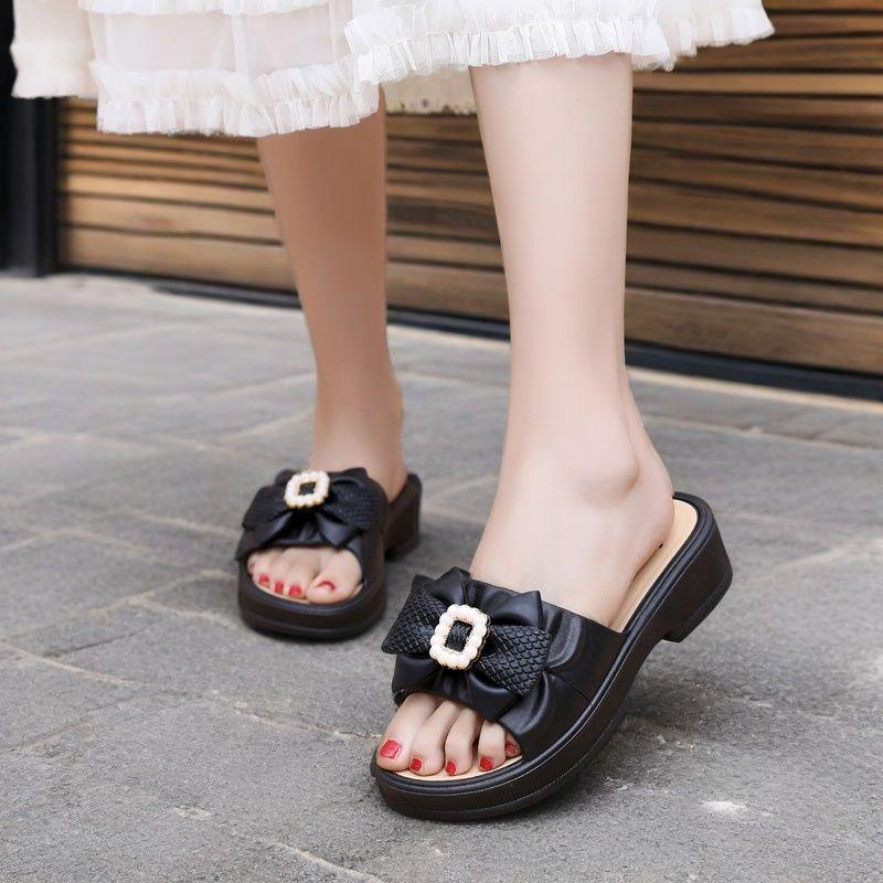 Summer Thick Sole Ladies Slippers Fashion Casual Bow Home Slippers Non-Slip Comfortable Sandals
