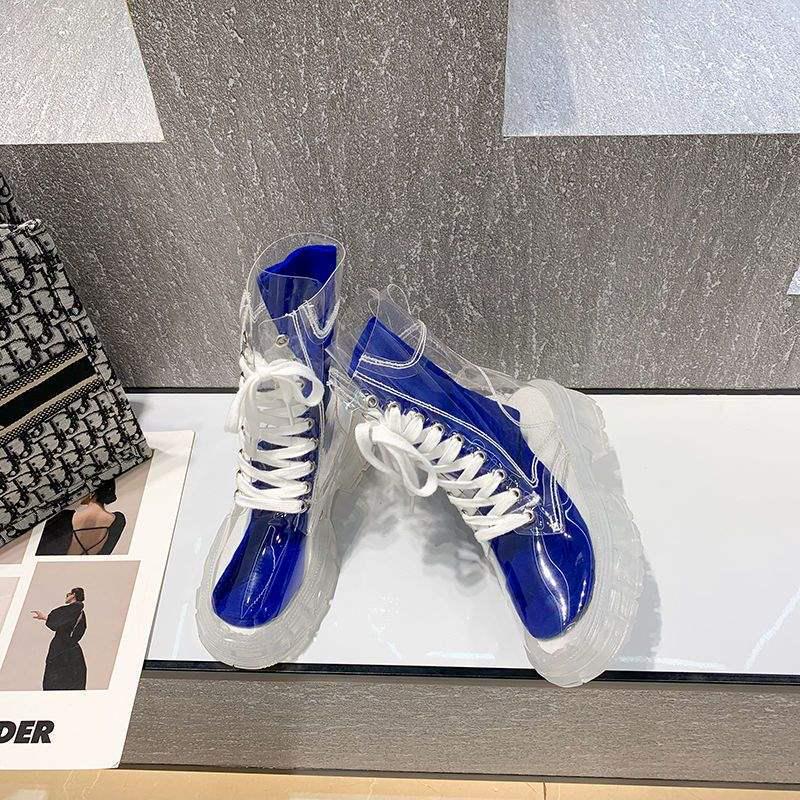 Transparente Schnür-Martin-Boots im koreanischen Stil: Kristallsohle, Knöchel-Sneakers mit dicker Sohle für Damen und Studentinnen - Modische Regenstiefel