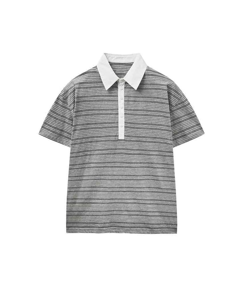 Lense Multi Stripe Rugby Collar T-Shirt Gray
