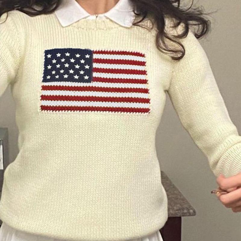 Rapcopter Y2k Flag Print Swetry Luźne O Neck Długie Rękawy Swetry Jesień Zima Harajuku Casual Swetry Swetry Vintage Lata 90