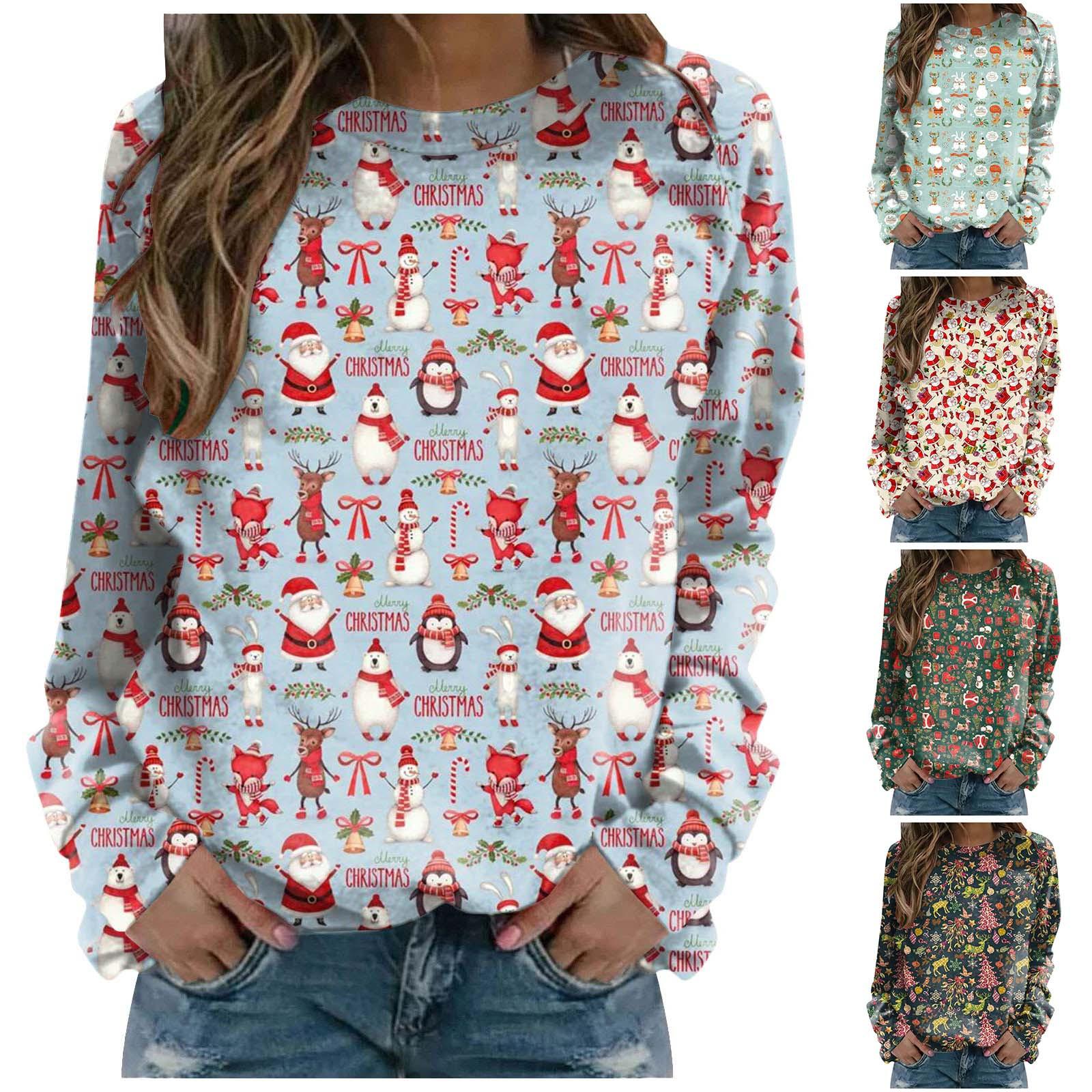 

Рубашки с длинным рукавом для женщин Легкий Crewneck Свободный повседневный принт Пуловер Рождественские принты Топы