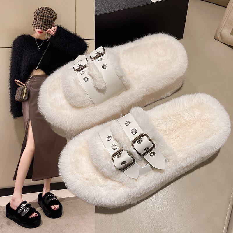 Cotton slippers Internet celebrity 2025 flat bottom fluffy slippers women wear autumn and winter new rabbit fluffy word black