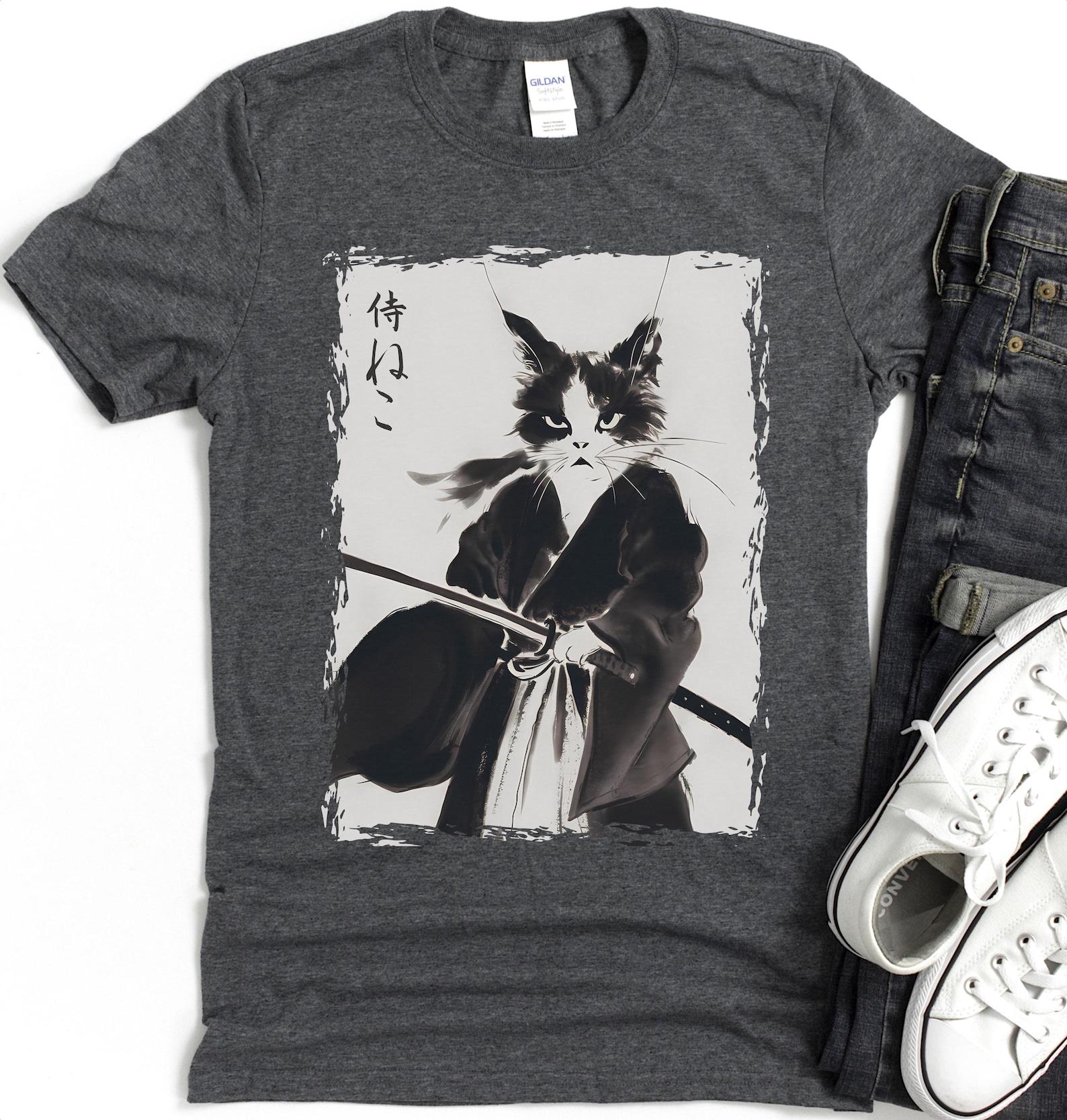 Samurai Cat T-Shirt – Ukiyo-e Japanese Ink Painting XL