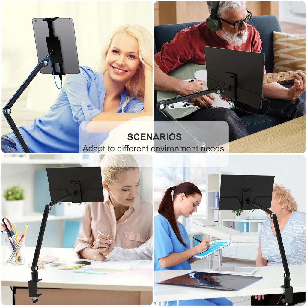 Bimawen Adjustable Height Tablet Stand For iPad 15 6 16 Inch Screen Portable Monitor Desk Mount With Aluminum Long Rotating Arm