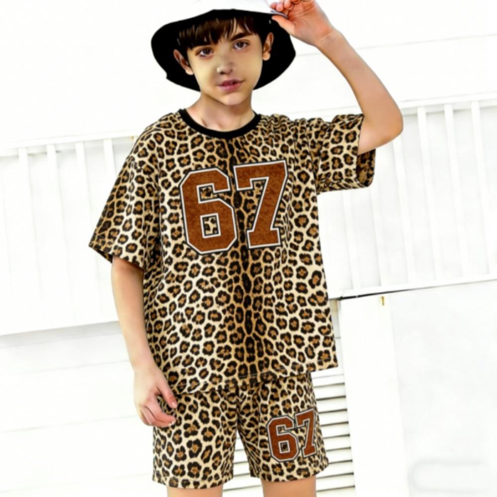 Módní Dětský Letní Ležérní Outfit 2dílná Sada s Potiskem Čísla 67 a Leopardím Vzorem pro Kluky a Holky Dětské Oblečení Vrchní díl