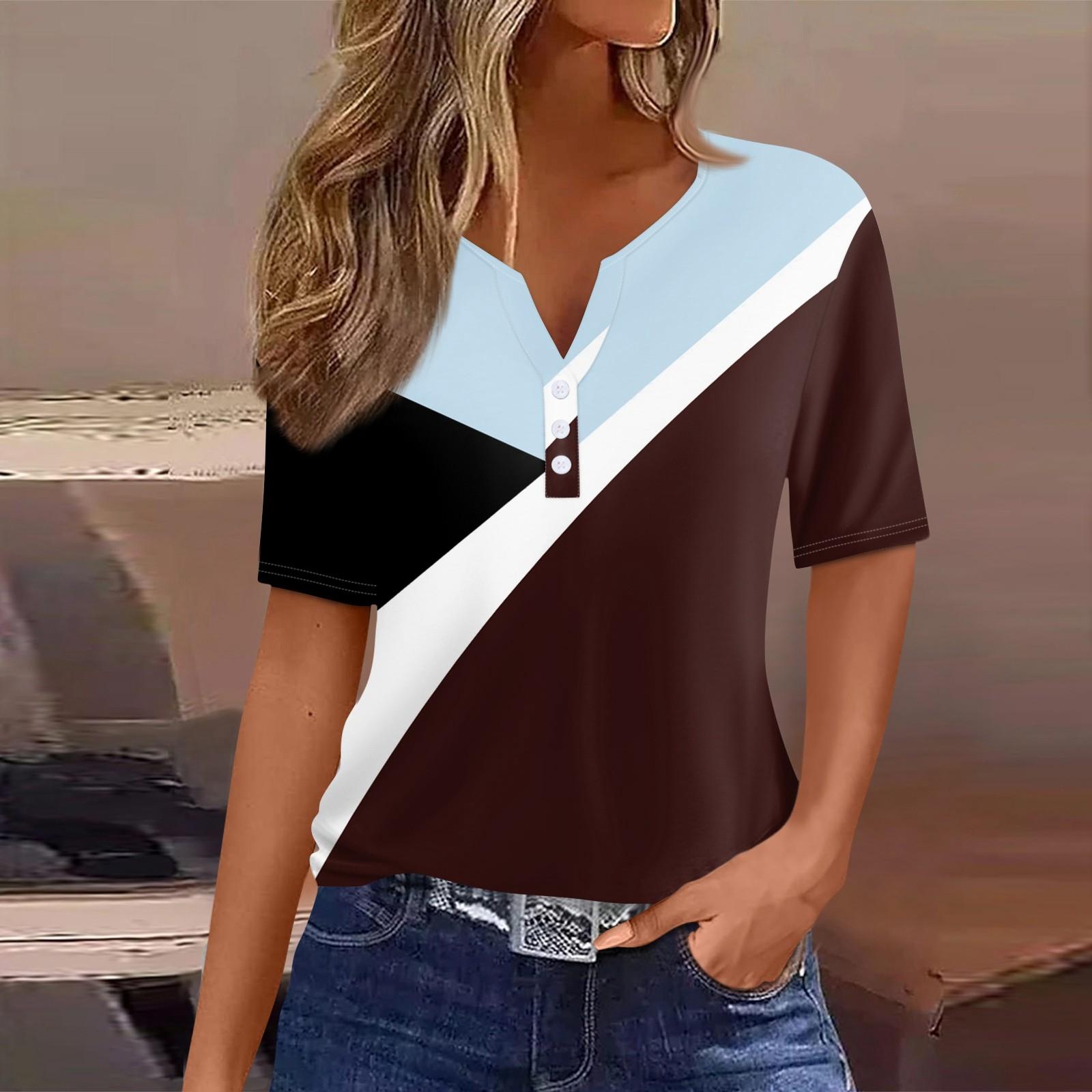 

Женская футболка с принтом на пуговицах, короткий рукав, туника, повседневная, выходного дня, модная, базовая, с V-образным вырезом, стандартный топ M синий