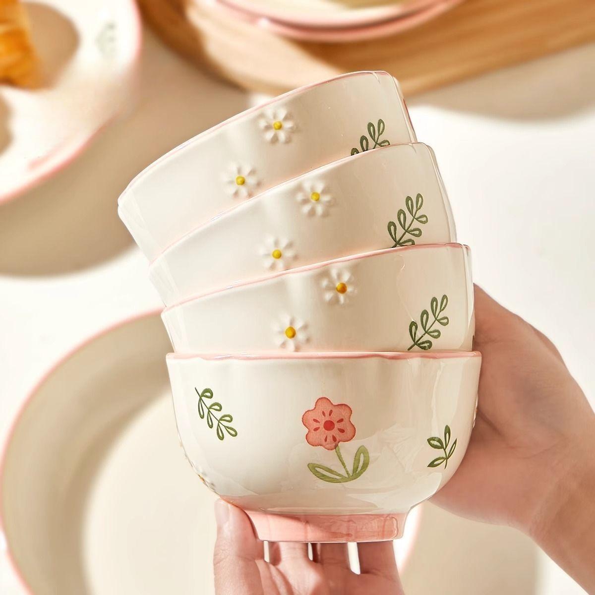 

4Pcs Flower Grass Ceramic Bowl Kawaii Ceramic Anti-scald Soup Bowl Home Kitchen Noodle Ramen Tableware Bowl