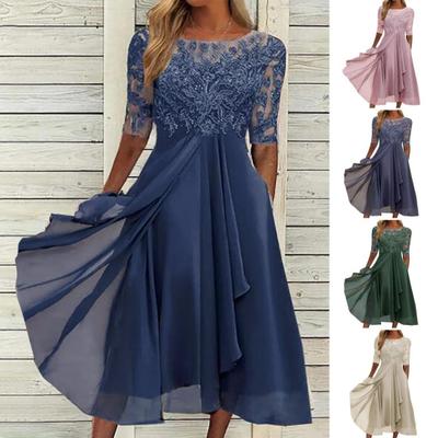 Women's Floral Lace Midi Dress Summer Crewneck Chiffon Swing Dress Cocktail Evening Long Dress for Wedding Guest Bridesmaid Party