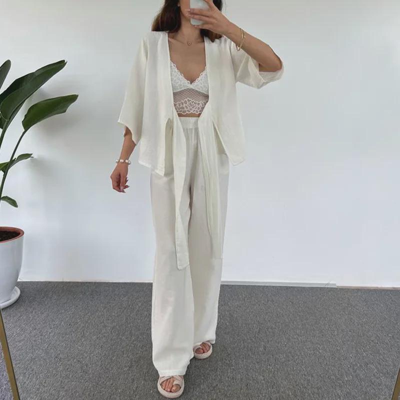 Women's Casual Solid Color Tie Cardigan & Trousers Two-Piece Set