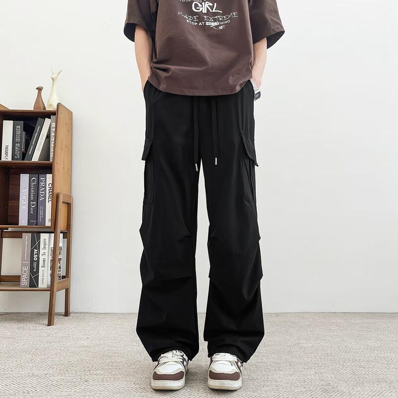Homlean American-Style Wide-Leg Paratrooper Cargo Pants for Men, Spring Outdoor Sports Versatile Heightening Straight-Leg Trousers KMX05 Black 2XL