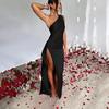 European and American new sexy temperament evening dress, slanted shoulders, pleated waist, high split ends, slim-fitting hip-wrapped dress, long dres