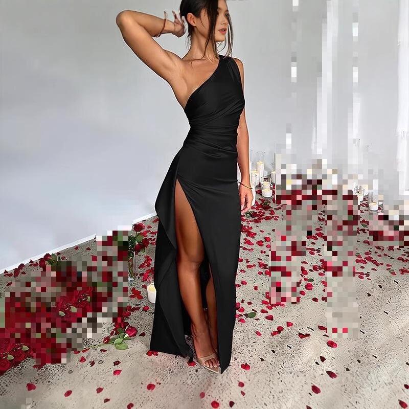 European and American new sexy temperament evening dress, slanted shoulders, pleated waist, high split ends, slim-fitting hip-wrapped dress, long dres
