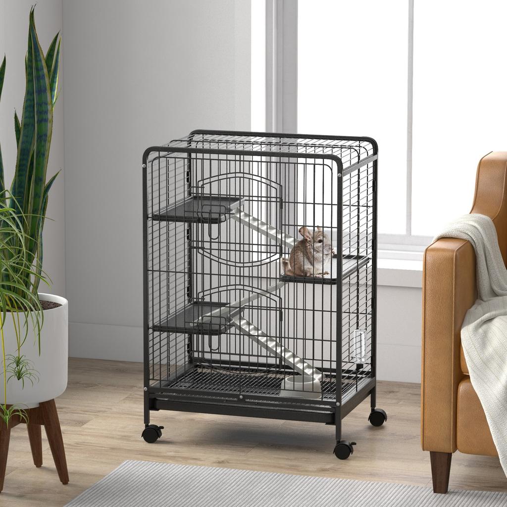 Gabbia per Roditori Gabbia per Piccoli Animali su Ruote 3 Rampe 3 Piattaforme Ciotola e Bottiglia d'Acqua Vassoio Inferiore Rimovibile per Coniglio Visone Cincillà 61,5x44x95cm