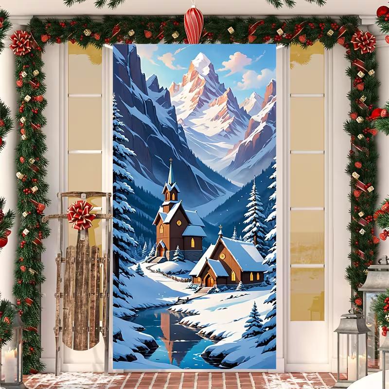 

2D Christmas Cabin Door Backdrop, Snowy Alpine Mountain Village with River Door Decor 47.2x31.5inch/120*80cm