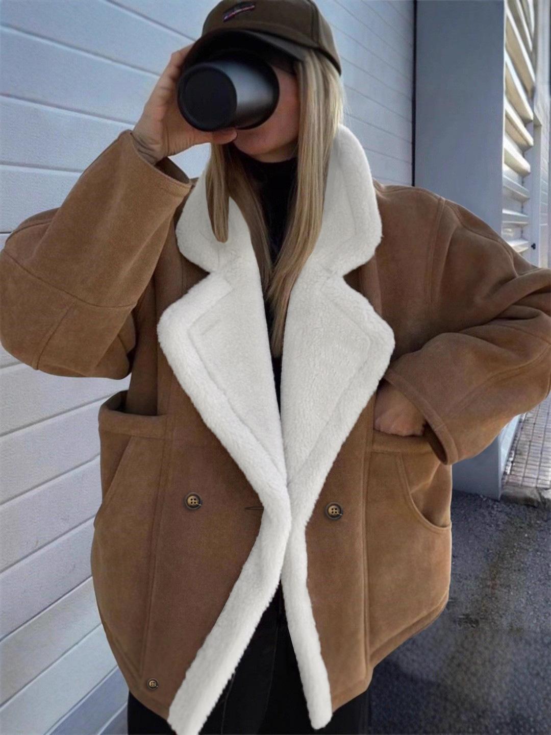 

Stylish, Loose-fitting, Warm, Retro- Lamb Wool Coat For Women M хаки