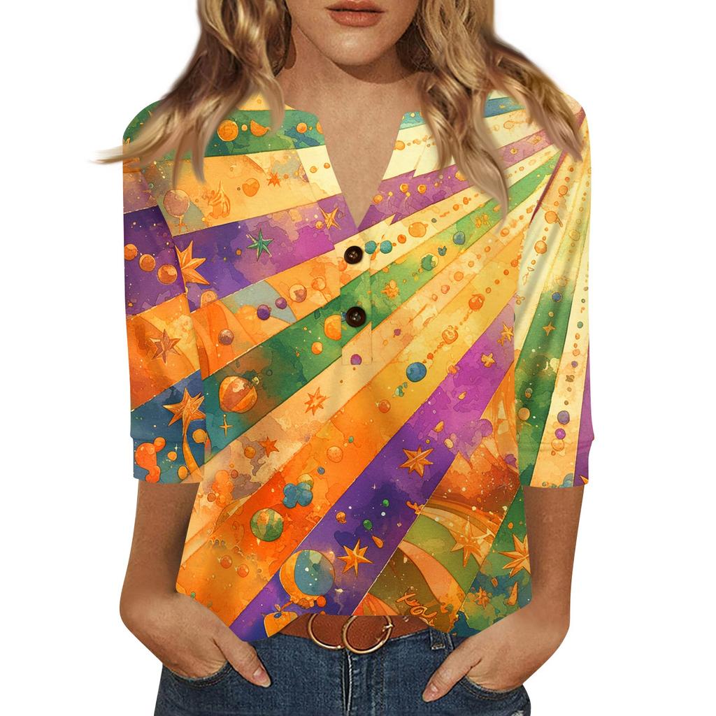 Women's Carnival Printed Fashionable Casual V-neck Button Seven Inch Sleeve T-shirt Top