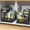 Double-Layer Pull-Qut Kitchen Storage Rack, Non-Slip, Stable, Multi-FunctionalStorage Box with Five Hooks, Under Sink Brush