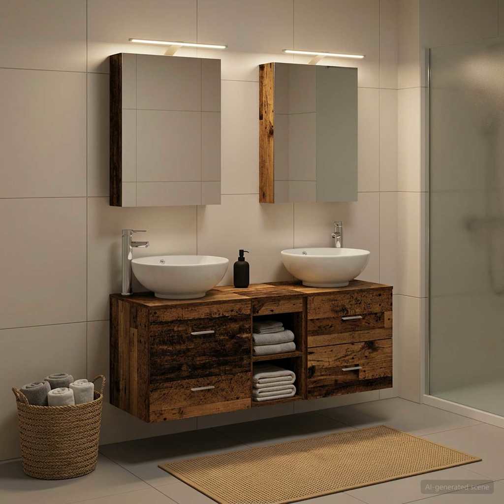 Bathroom Furniture Set 5 pcs Reclaimed Wood Look Engineered Wood and Glass