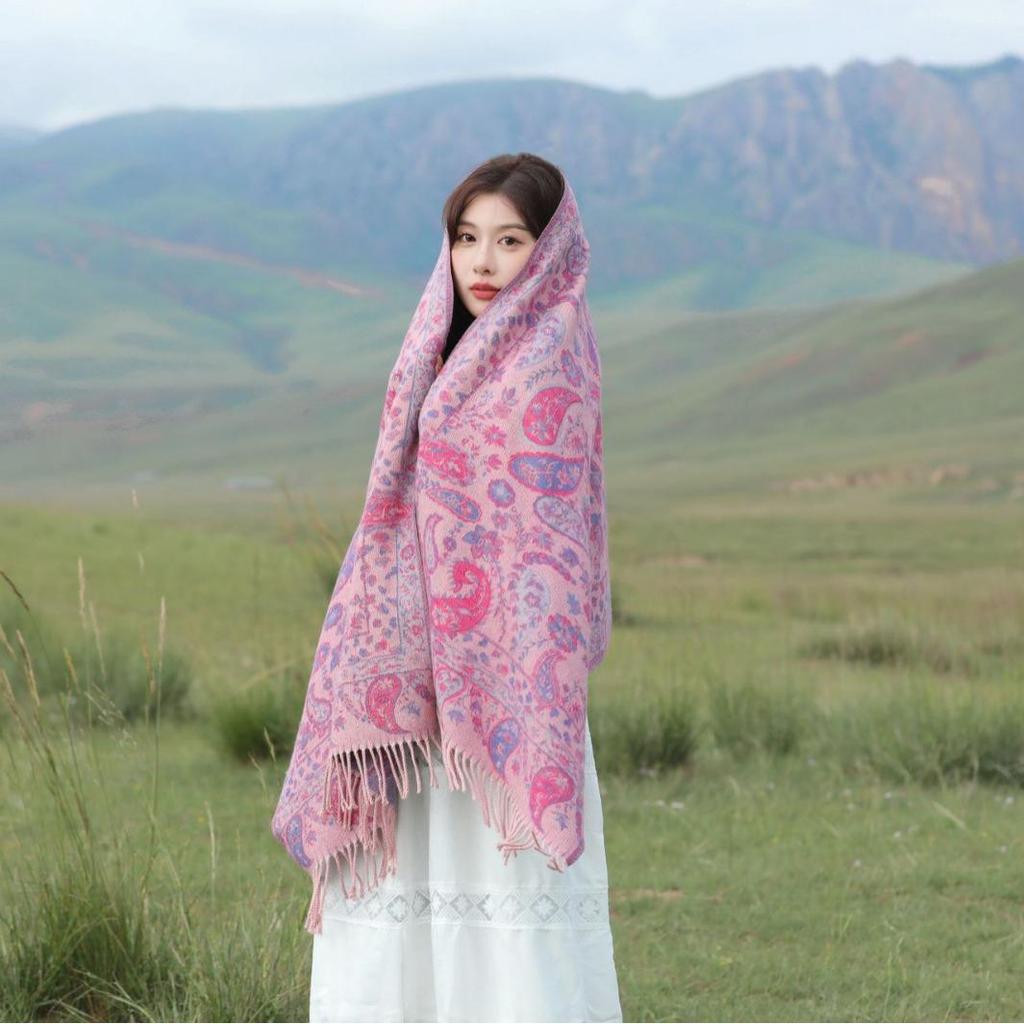 High-End Red Angora & Imitation Cashmere Ethnic Style Scarf Shawl