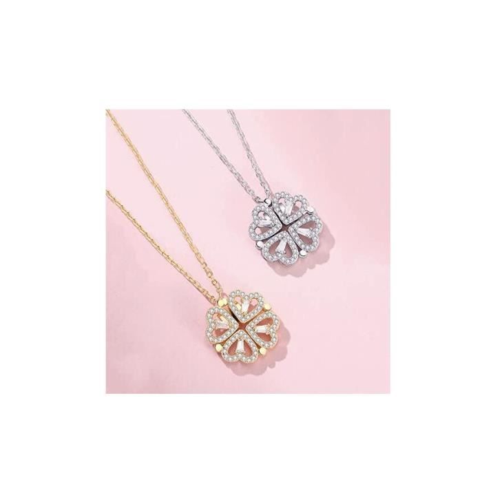 Collier pendentif - Argenté - Trèfle à quatre feuilles - Acier au titane - Cristal - Femme