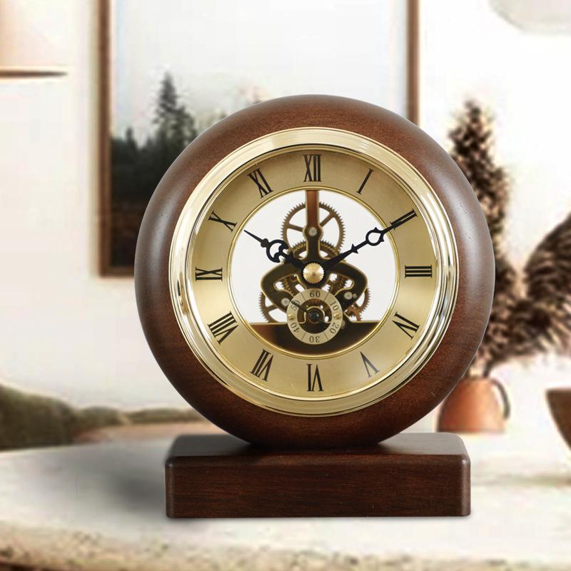130MM Solid Wood Perspective Mantel Clock with Visible Internal Rotating Gears, Office Desk Clock