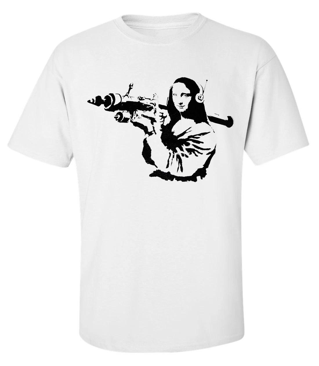 Banksy Mona Lisa Dj RPG Street Art Dope Grey White Printed Cotton T-shirt 100