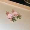 Pink Yarn Mesh Flowers Tassel Dangle Earrings for Women Sweet Girly Imitation Pearl Pendientes Fairy Lolita Party Ear Decoration