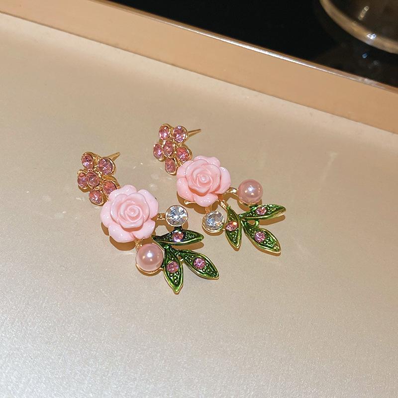 Pink Yarn Mesh Flowers Tassel Dangle Earrings for Women Sweet Girly Imitation Pearl Pendientes Fairy Lolita Party Ear Decoration