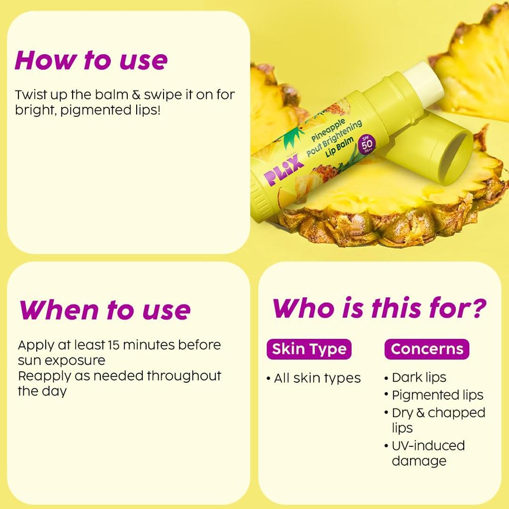 PLIX The Plant Fix Pineapple Brightening Lip Balm SPF 50 PA++ for Dark Lips Pigmentation 4g
