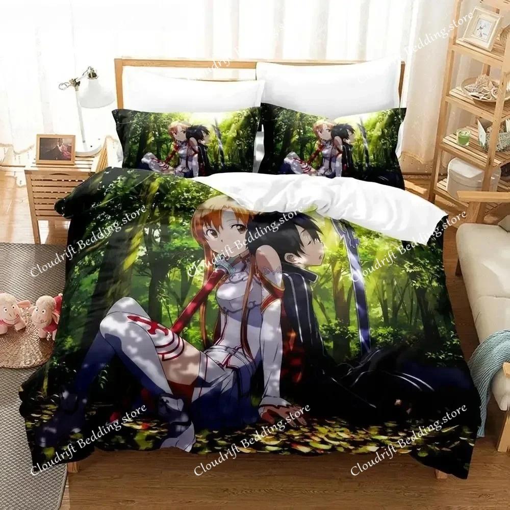 Sword Art Online Bettwäsche-Set 3D Anime-Druck Polyester Bettbezug Kissenbezüge Queen King für Kinder Geschenk Anime Bettbezug-Sets