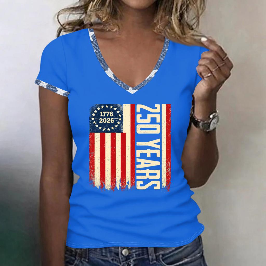 Womens V Neck Short Sleeve T Shirt 250 Years 1776 2026 Graphic Print Casual Loose Fit Top for Everyday Wear