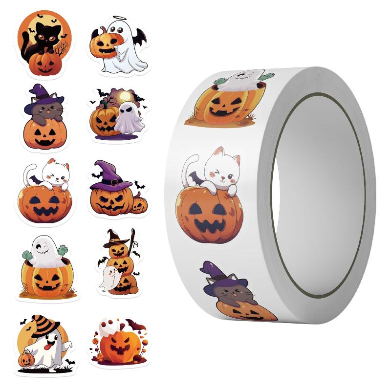 500Pcs/Roll Halloween Pumpkin Cat Ghost Stickers For DIY Journaling Laptop Envelope Scrapbook Home Decal Reward Gift