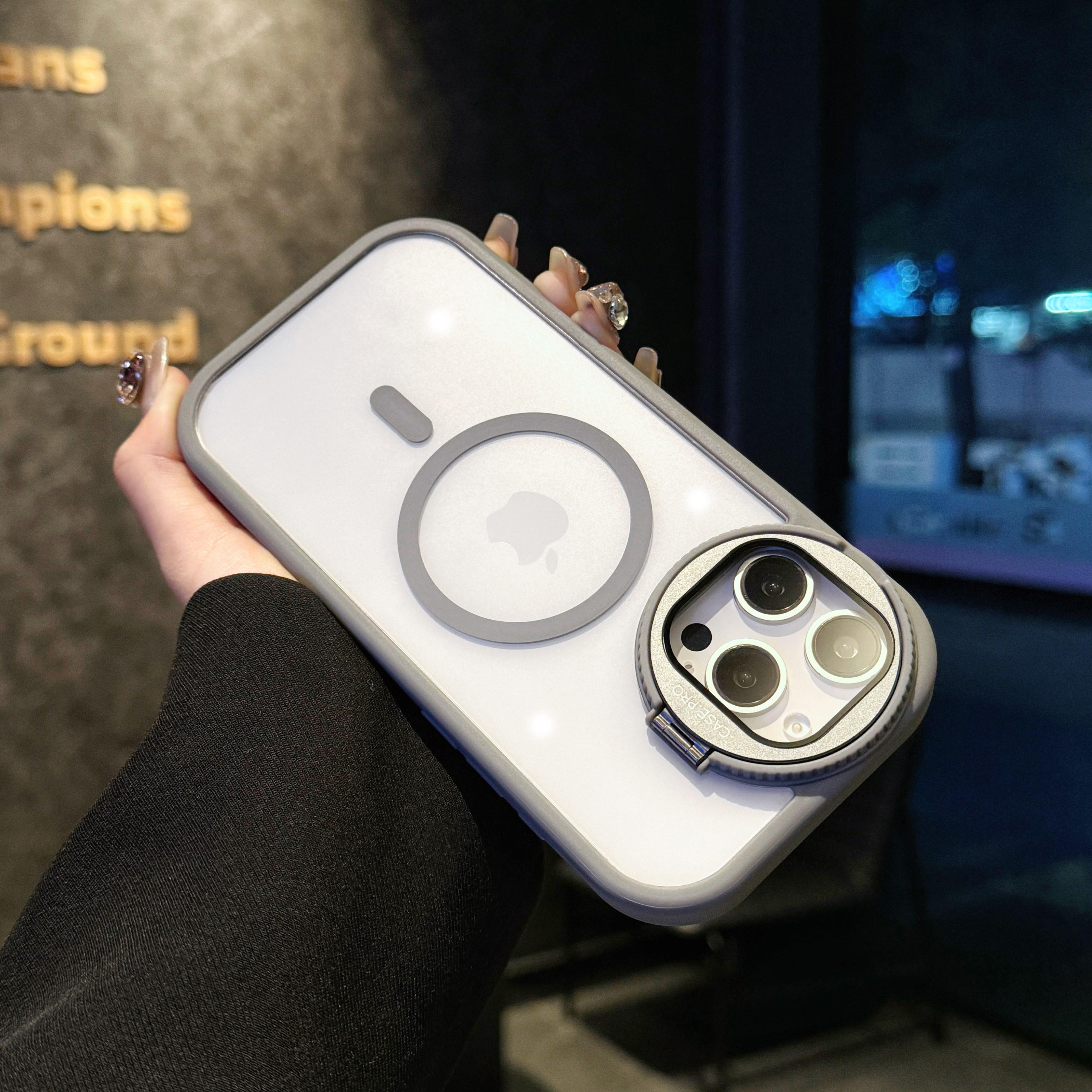 

Round Camera Stand Holder Clear Case For iPhone 17 Air 16 15 14 13 12 Pro Max 17Pro For Magsafe Wireless Charge Shockproof Cover For iPhone 12 сірий колір