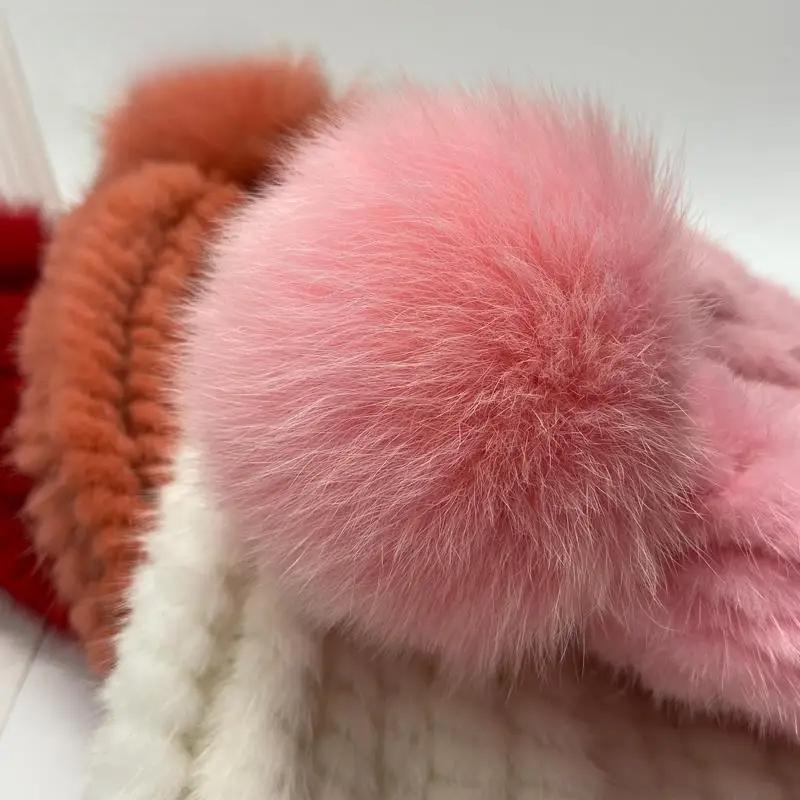 New Girls Boys Winter Hat Real Mink Fur Knitted Fox Fur Pompom Warm Hats Elastic High Quality Kids Outdoor Beanie Hats