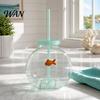 Orange Fish Straw Cup Bowl Bottle with Straw, Plastic Fishbowl Tumblers Lids, Unbreakable Ornament Cups Spill Resistant for Drinks Summer Drink,