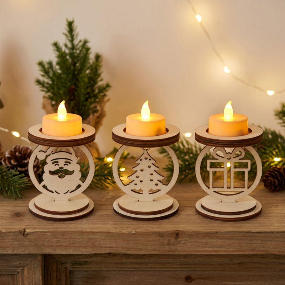 3Pcs Bell Pattern Wooden Christmas Candle Holder Xmas Table Candlestick Living Room