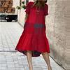Plaid Round Neck Cotton Linen Ruffle Midi Dress - Short Sleeve Women's Style 8893